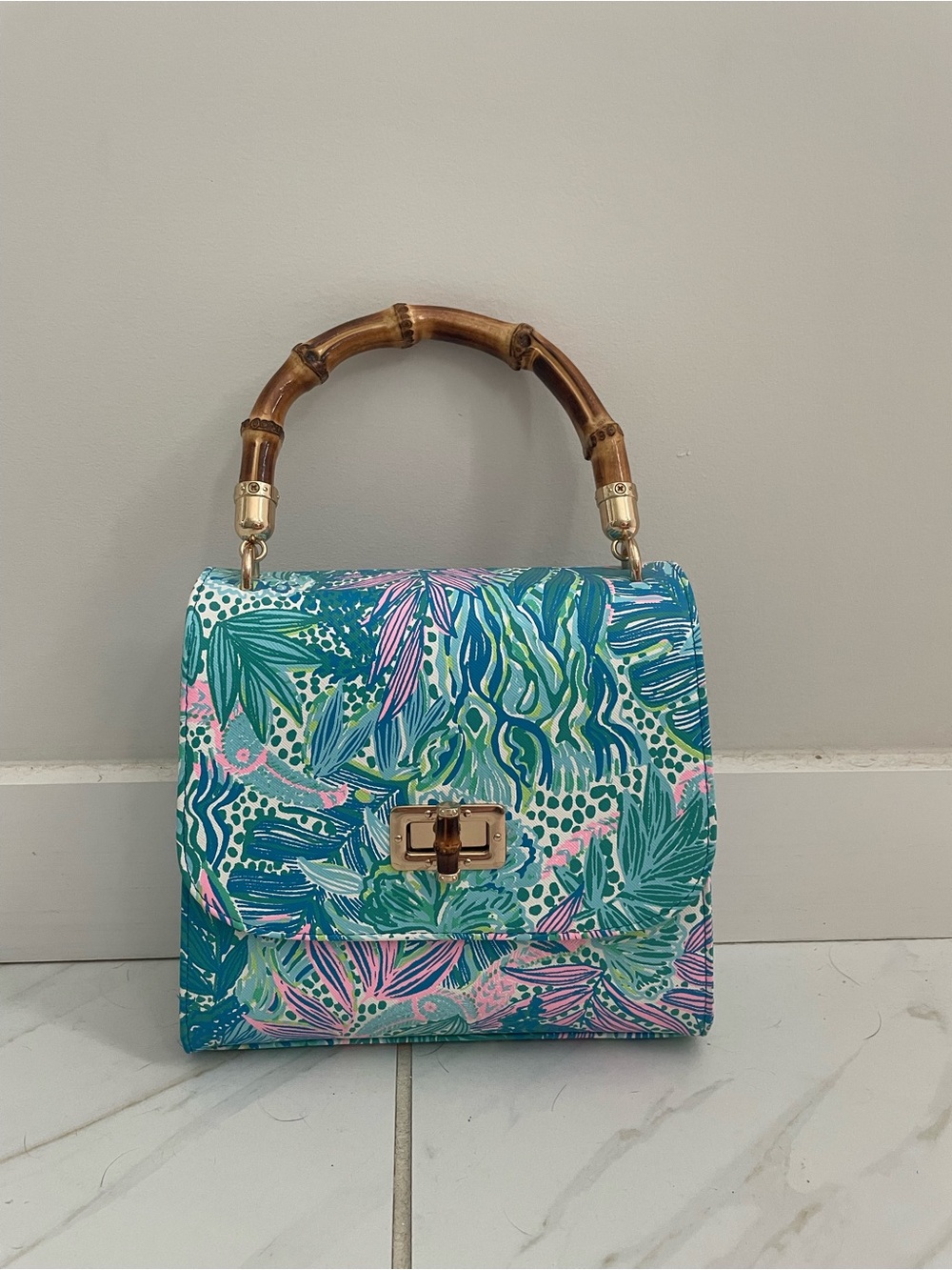 Lilly Pulitzer Teal & Pink Holiday in the Sun Botanical Bamboo-Handle Mini Bag